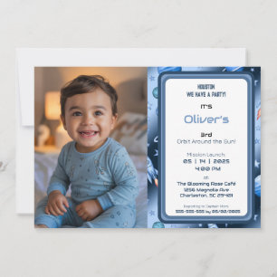Boy Space First Trip Around The Sun Photo Birthday Invitation
