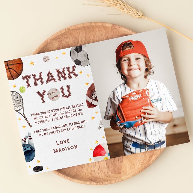 Boy Sports Birthday Photo Thank You Card (Creator Uploaded)