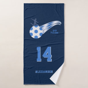 Boy Sports Soccer Ball Name Number Personalized Bath Towel Set
