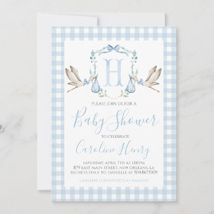 Boy Stork Baby Shower Preppy Gingham Blue Invitation