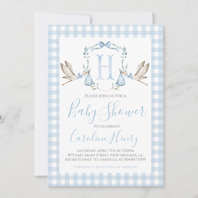 Boy Stork Baby Shower Preppy Gingham Blue Invitation (Creator Uploaded)