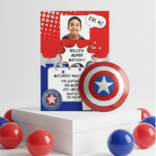 Boy Superhero, red, white, silver & blue birthday Invitation