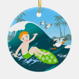 Boy surfs big wave Birthday Party Ceramic Tree Decoration