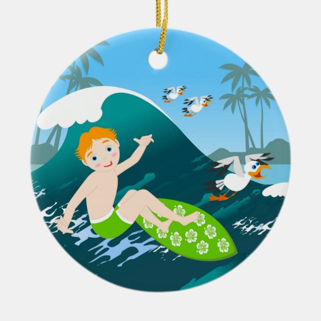 Boy surfs  big wave Birthday Party Ceramic Tree Decoration (Front)
