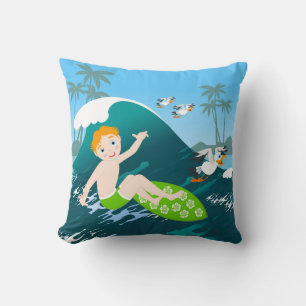 Boy surfs  big wave Birthday Party Cushion
