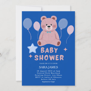 Boy Sweet Teddy Bear Blue Balloon Baby Shower Invitation