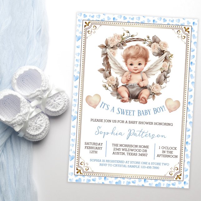 Boy Sweet Valentine Cherub Baby Shower Invitation (Sweet baby boy baby shower invitation with cute little cherub on a blue watercolor heart background.)