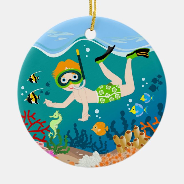 Boy swimmer has a birthday party ceramic tree decoration (Front)