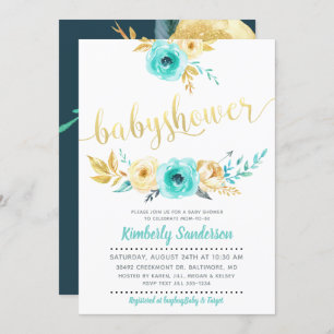 Boy Teal Blue Gold Floral Baby Shower Invitation