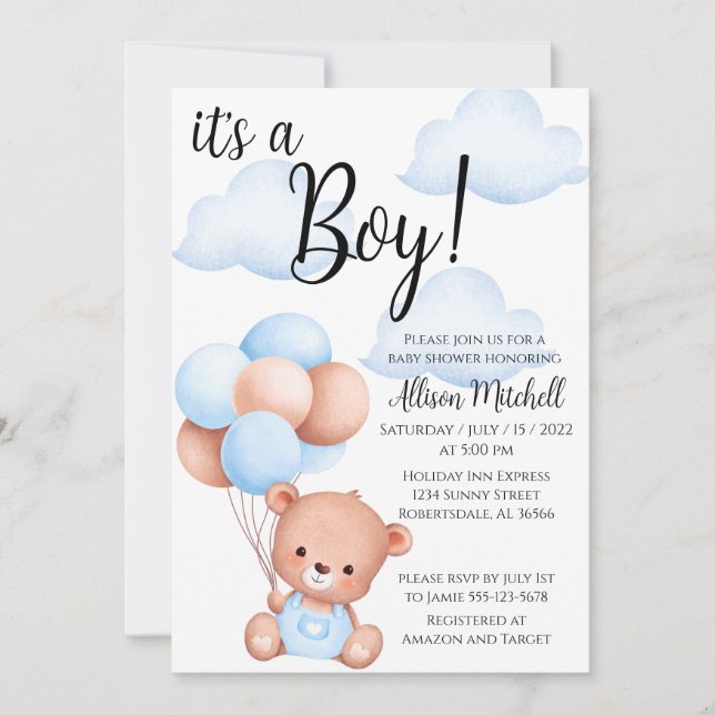 Boy Teddy Bear Baby Shower Invitation (Front)