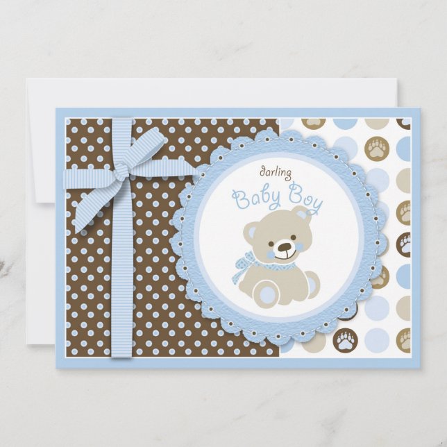 Boy Teddy Bear Baby Shower Invitation Card (Front)