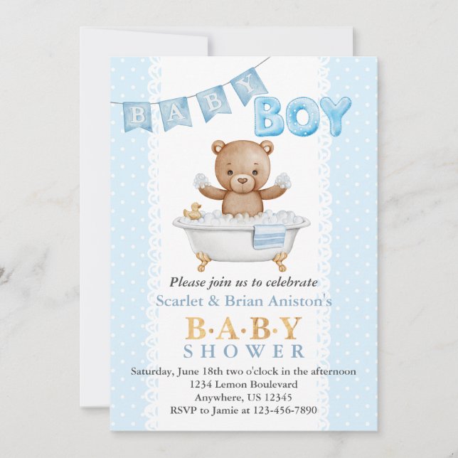 Boy Teddy Bear Bath Time Baby Shower Invitation (Front)