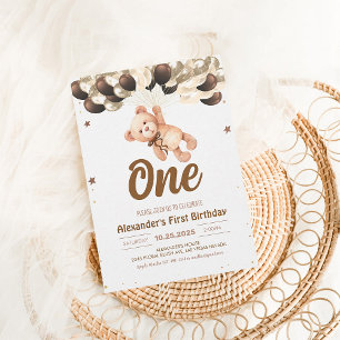 Boy Teddy Bear Birthday Invitation with Balloons