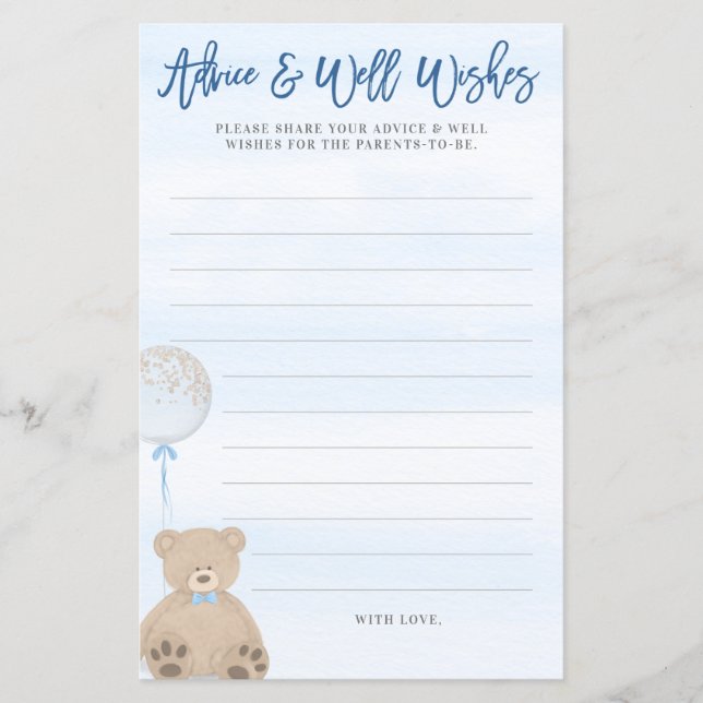 Boy Teddy Bear Blue Balloon Baby Advice Card (Front)