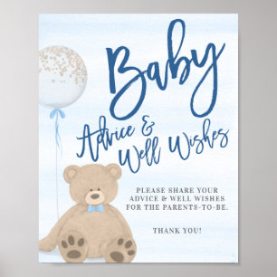 Boy Teddy Bear Blue Balloon Baby Advice Sign