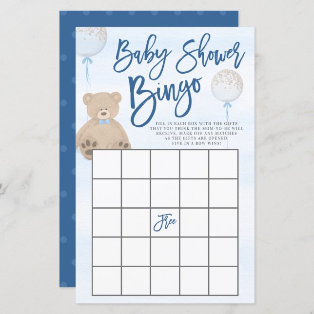 Boy Teddy Bear Blue Balloon Baby Shower Bingo (Front/Back)