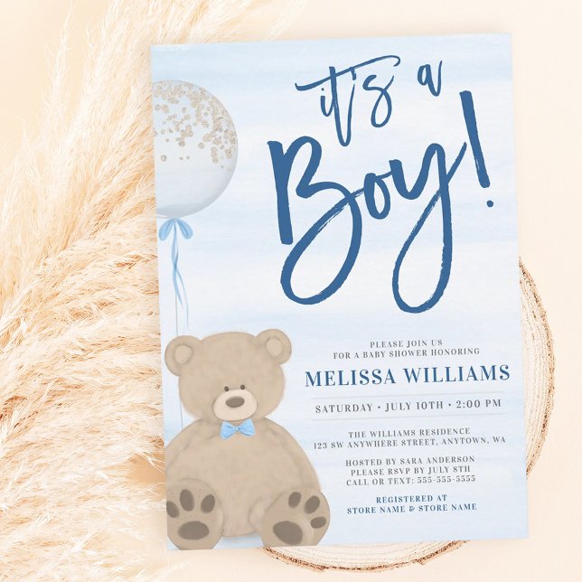 Boy Teddy Bear Blue Balloon Baby Shower Invitation (Creator Uploaded)