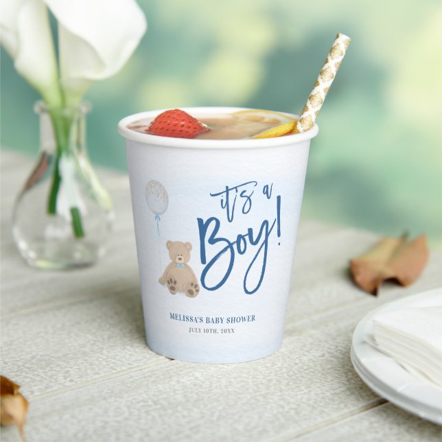 Boy Teddy Bear Blue Balloon Baby Shower Paper Cups (Insitu)