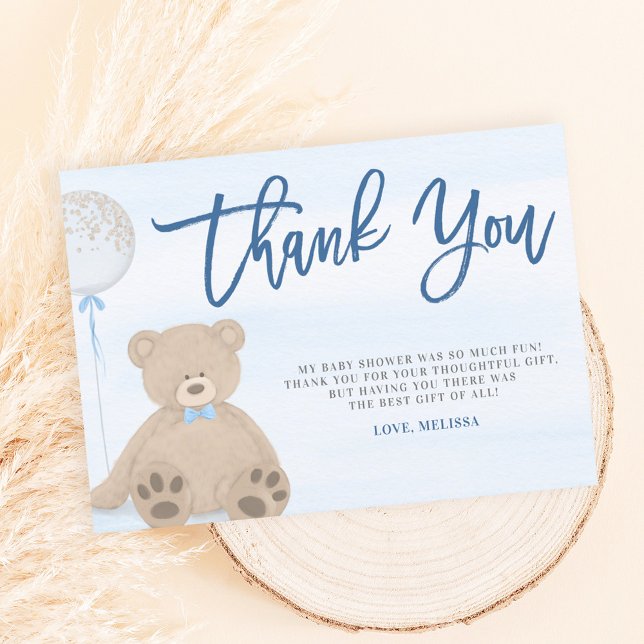 Boy Teddy Bear Blue Balloon Baby Shower Thank You Card (Creator Uploaded)
