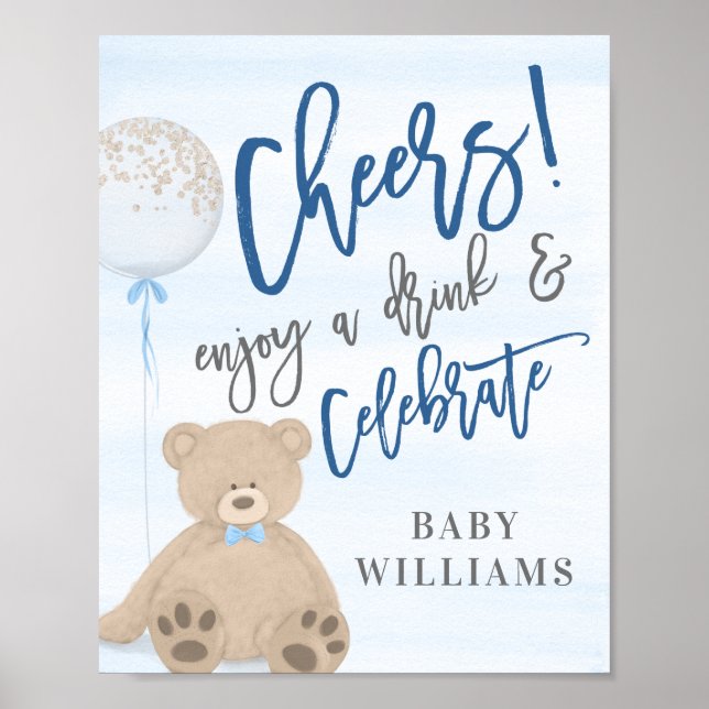 Boy Teddy Bear Blue Balloon Drinks Sign (Front)