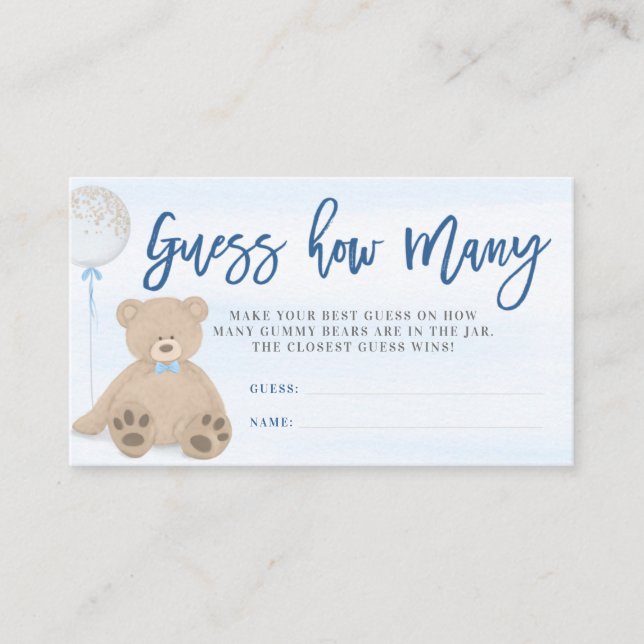 Boy Teddy Bear Blue Balloon Guess How Many Enclosure Card (Front)