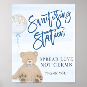Boy Teddy Bear Blue Balloon Sanitising Sign