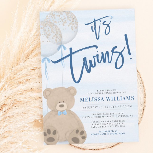 Boy Teddy Bear Blue Balloon Twins Baby Shower Invitation (Creator Uploaded)