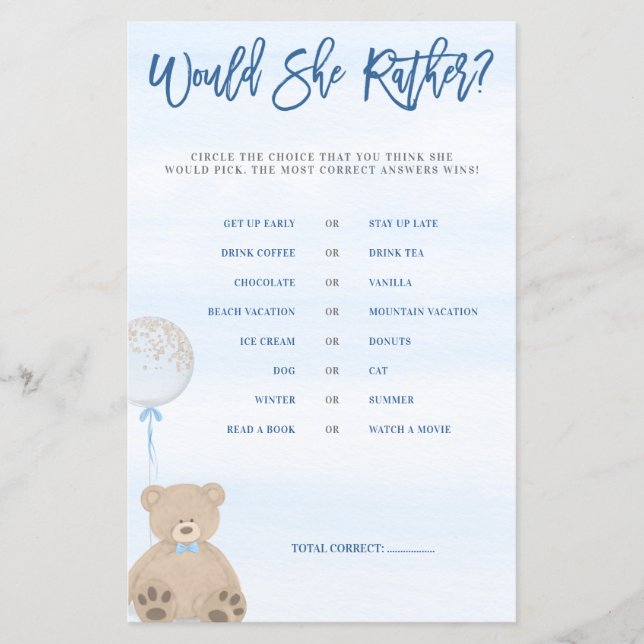 Boy Teddy Bear Blue Balloon Would She Rather Game (Front)