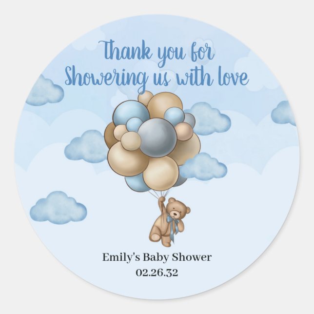 Boy Teddy bear blue brown beige balloons Classic R Round Sticker (Front)