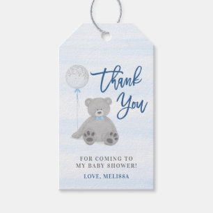Boy Teddy Bear Blue Gray Balloon Baby Shower Gift Tags