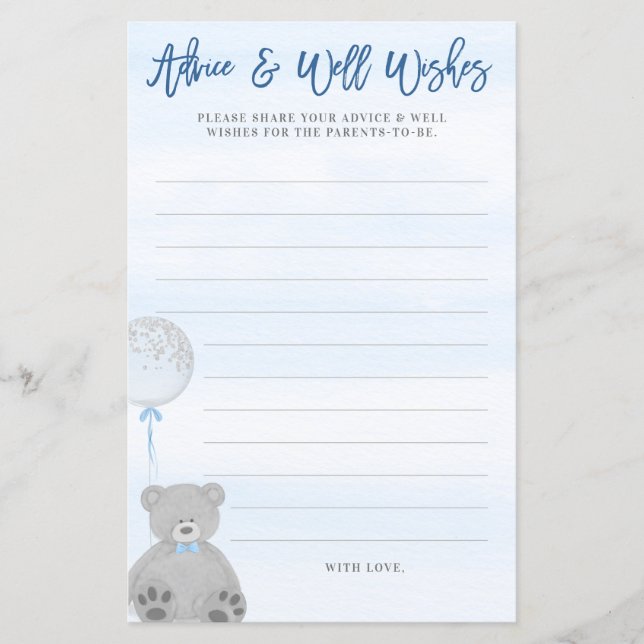 Boy Teddy Bear Blue Grey Balloon Baby Advice Card (Front)