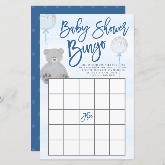 Boy Teddy Bear Blue Grey Balloon Baby Shower Bingo (Front/Back)