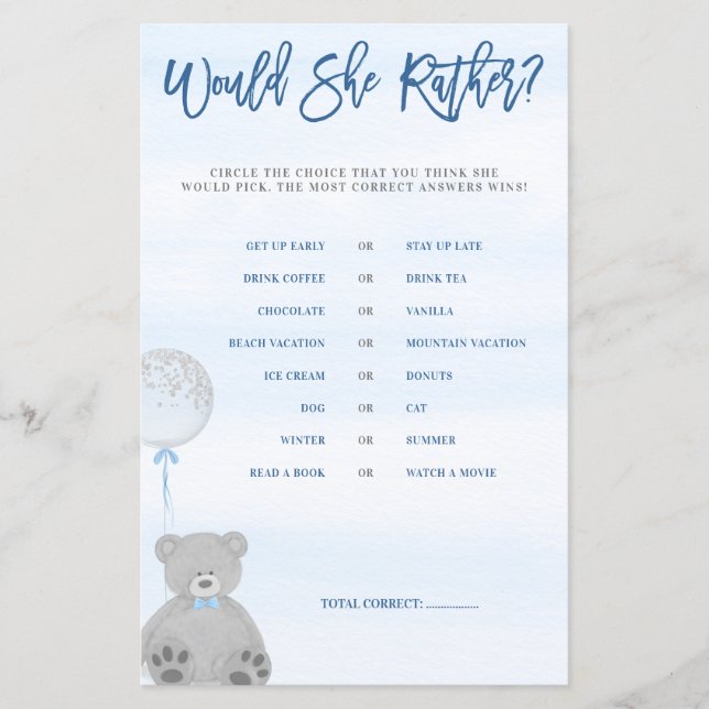 Boy Teddy Bear Blue Grey Balloon Would She Rather (Front)