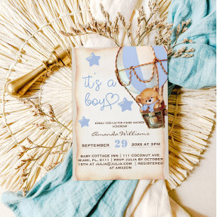 Boy Teddy Bear Blue Hot Air Balloon Baby Shower Invitation