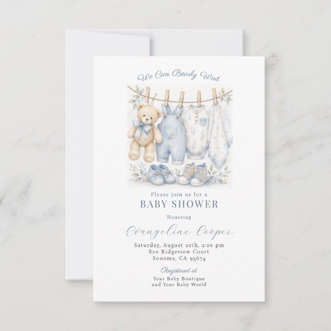 Boy Teddy Bear Clothesline Blue Baby Shower Invitation (Front)