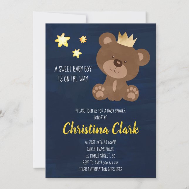 Boy Teddy Bear Navy Blue Baby Shower Invitation (Front)