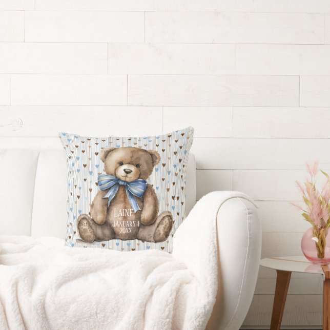 Boy Teddy Bear On Blue Brown Hearts Cushion (Couch)