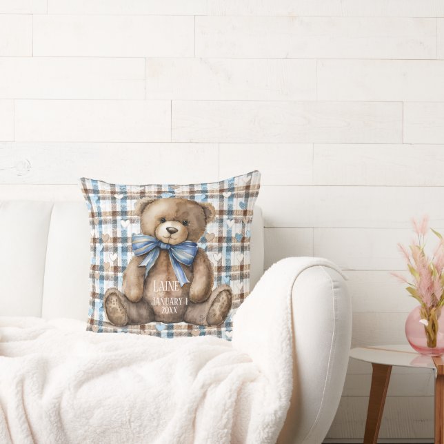 Boy Teddy Bear On Blue Brown Plaid  Cushion (Couch)
