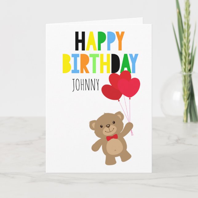 Boy Teddy Bear Personalised Happy Birthday Card (Front)