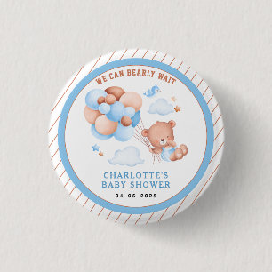 Boy Teddy Bear “We Can Bearly Wait” Baby Shower 3 Cm Round Badge