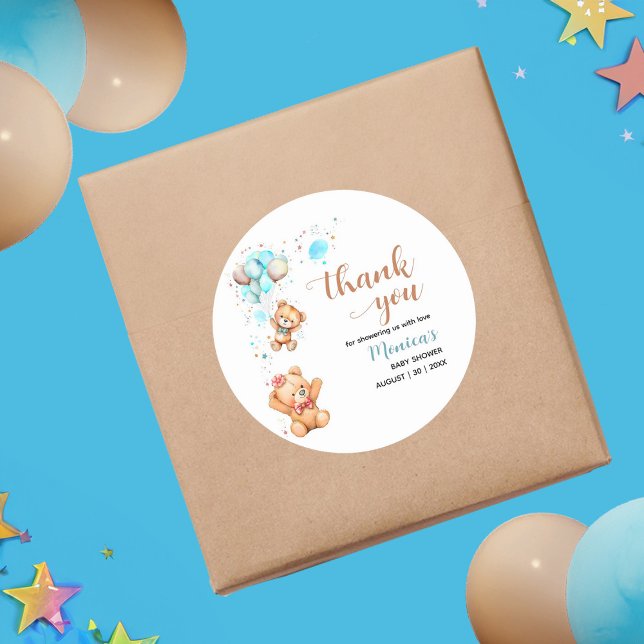 Boy Teddy Bear We Can Bearly Wait Baby Shower Classic Round Sticker (Boy Teddy Bear We Can Bearly Wait Baby Shower Classic Round Sticker)