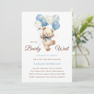Boy Teddy Bear We Can Bearly Wait Baby Shower Invitation