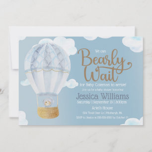 Boy Teddy Bear We Can Bearly Wait Baby Shower Invitation