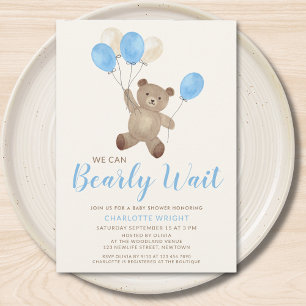 Boy Teddy Bear We Can Bearly Wait Baby Shower  Invitation