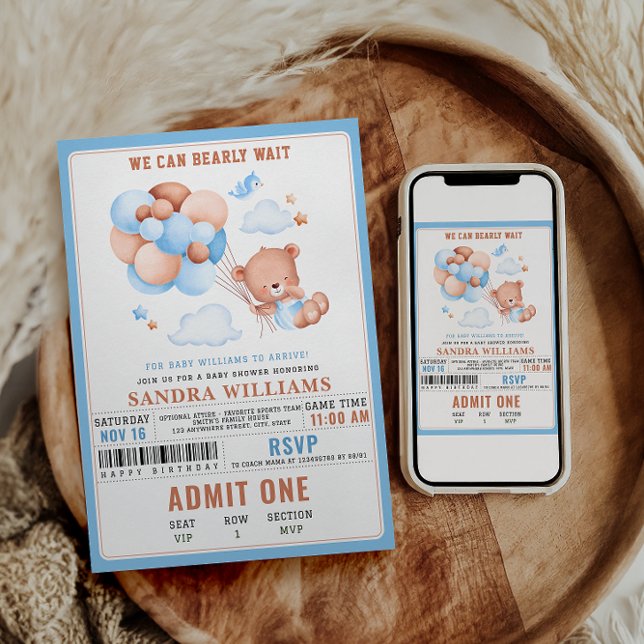 Boy Teddy Bear “We Can Bearly Wait” Baby Shower Invitation (Creator Uploaded)