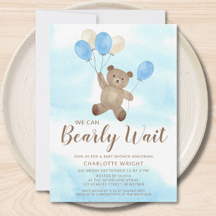 Boy Teddy Bear We Can Bearly Wait Baby Shower Invitation