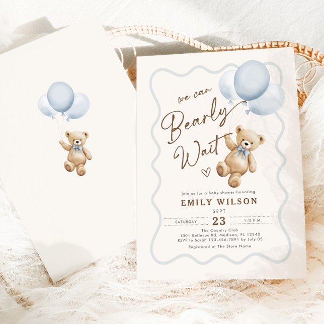 Boy Teddy Bear We Can Bearly Wait Baby Shower Invitation (Creator Uploaded)
