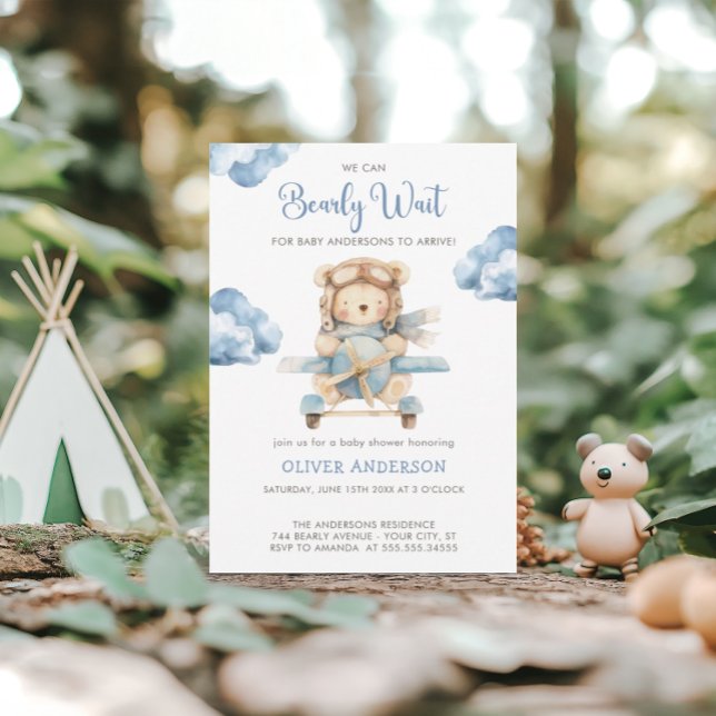 Boy Teddy Bear We Can Bearly Wait Baby Shower Invitation (Creator Uploaded)
