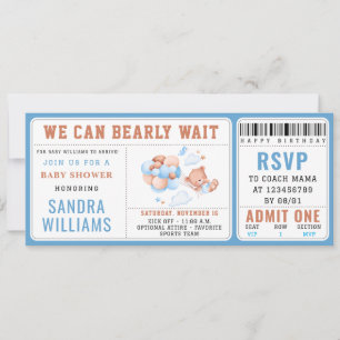 Boy Teddy Bear “We Can Bearly Wait” Baby Shower Invitation