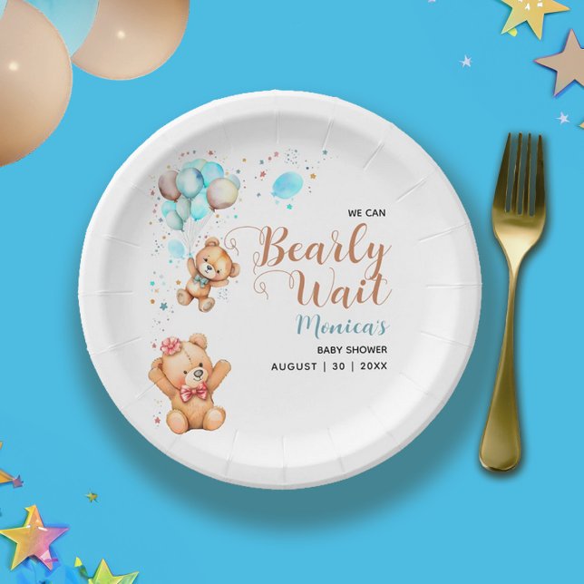 Boy Teddy Bear We Can Bearly Wait Baby Shower Paper Plate (Boy Teddy Bear We Can Bearly Wait Baby Shower Paper Plates)
